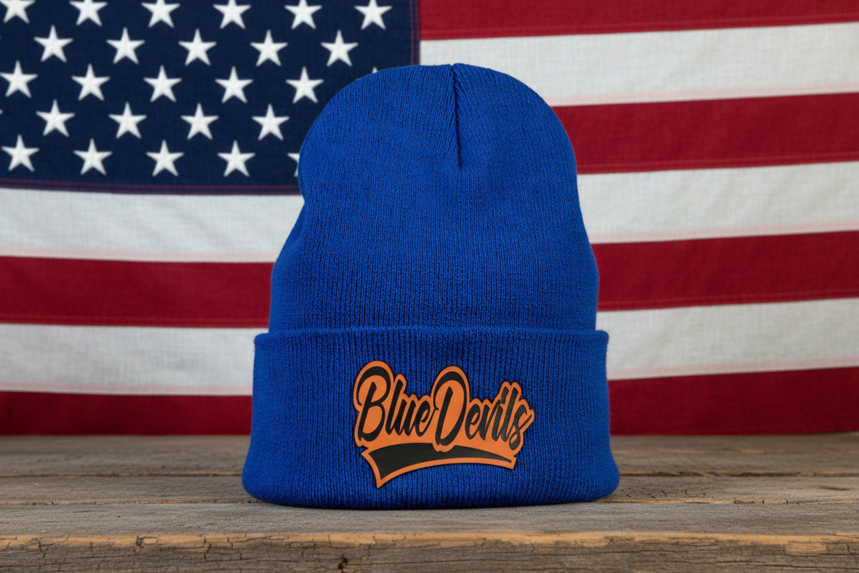 Royal Blue Cursive Team Name Beanie